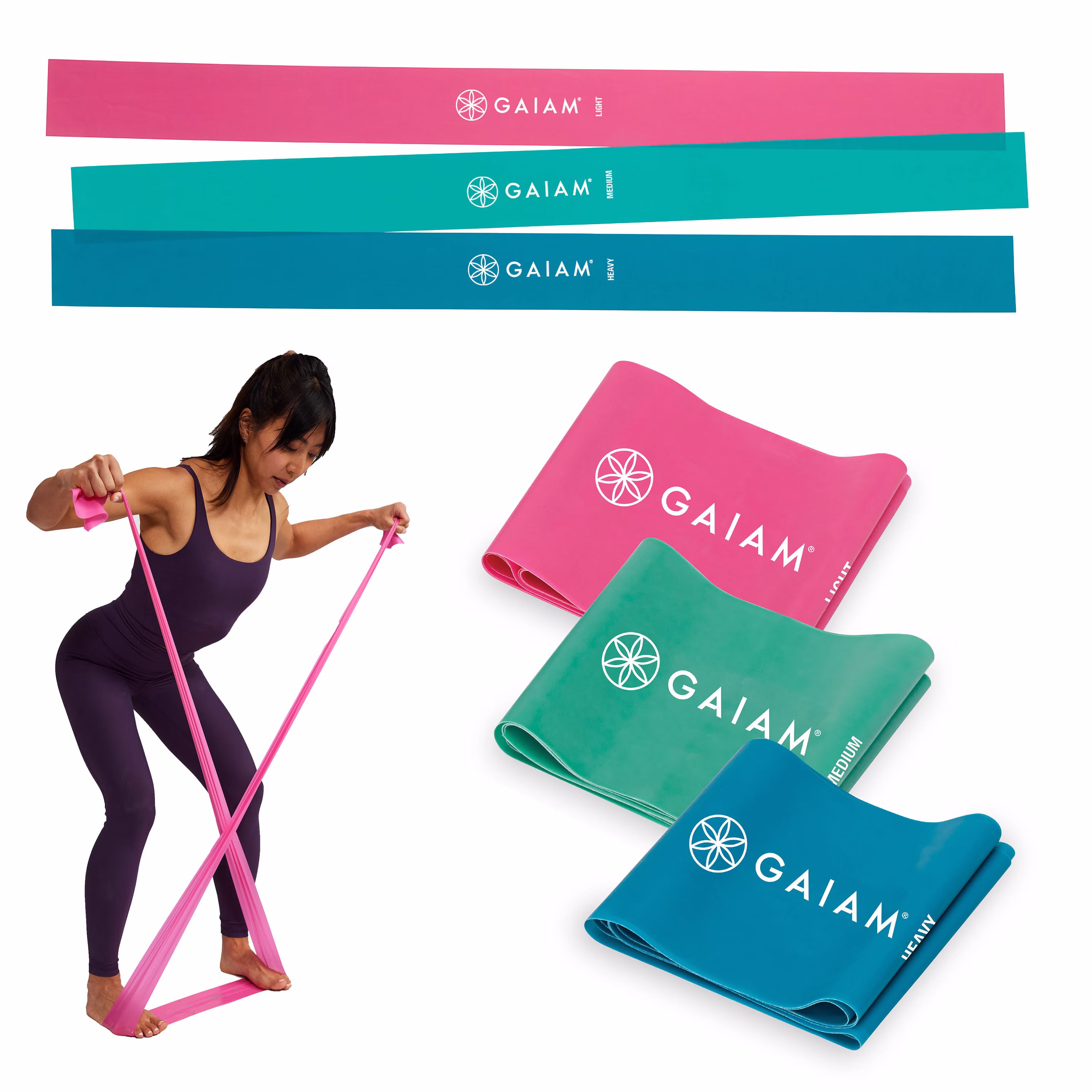 Gaiam Flat Resistance Band Kit, 3-Pack Multicolor Rubber Bands