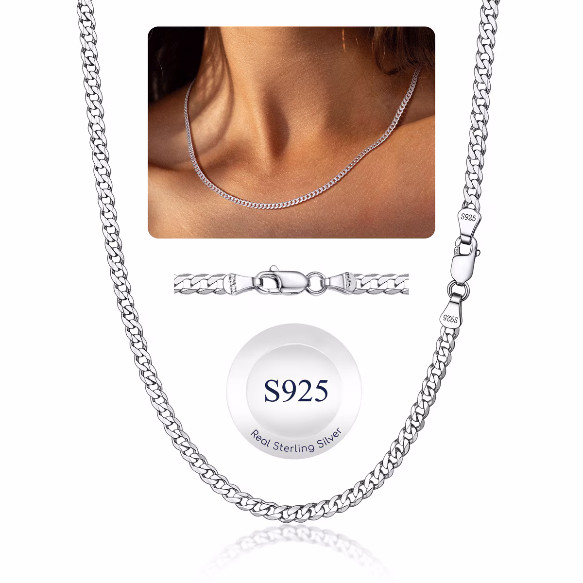 Solid 925 Sterling Silver 3mm Flat Curb Cuban Link Chain Necklace for Women