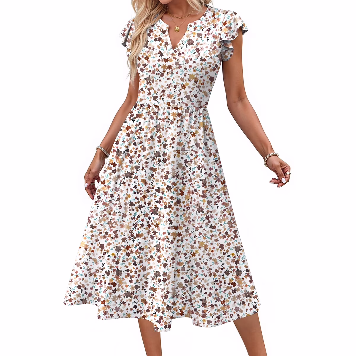 Women's Ruffle Sleeve V-Neck Flowy Midi Sundress