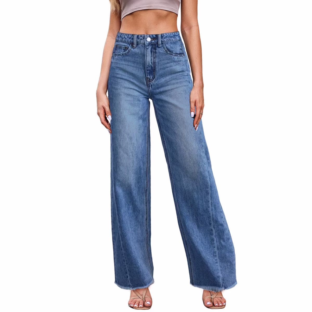 Women's High Waisted Wide Leg Stretch Denim Pants with Raw Hem