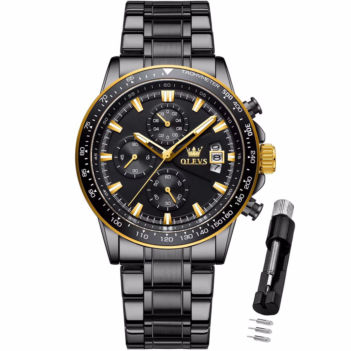 Men's Big Dial Chronograph Stainless Steel Quartz Watch with Day Display