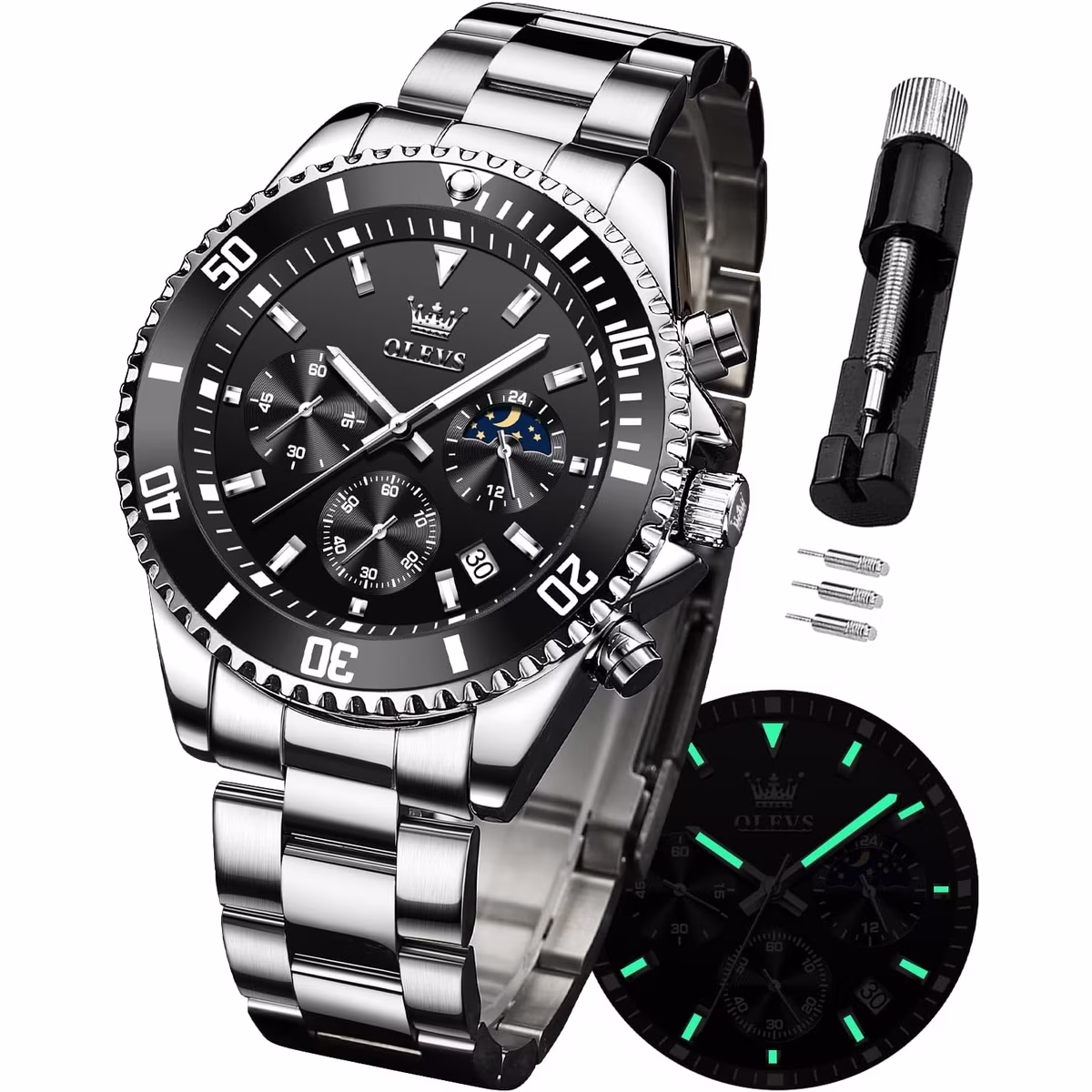 Men's Black Dial Chronograph Moon Phase Quartz Watch with Stainless Steel Strap
