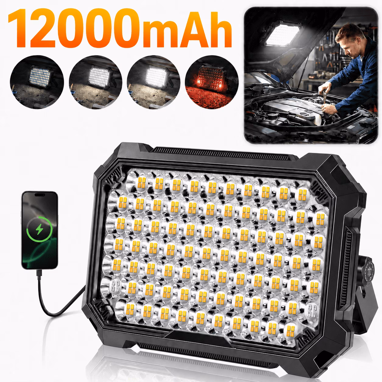 10000 Lumen Rechargeable LED Work Light with 12000mAh Battery & Magnetic Mount
