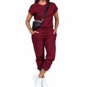 Women's 2-Piece Sweatsuit Set - Short Sleeve Top & Jogger Pants with Pockets (Burgundy, XL)