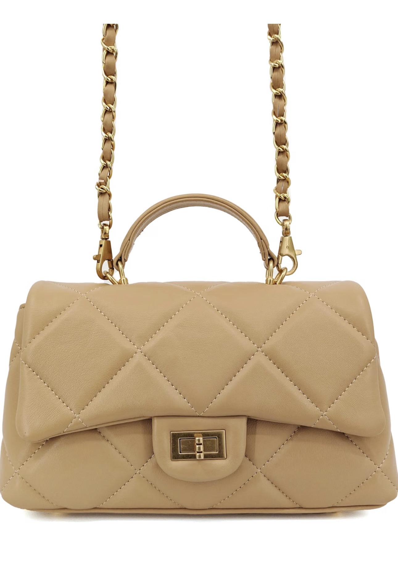 Ganson Quilted Chain Strap Shoulder Bag Gold Metallic Leather Flap