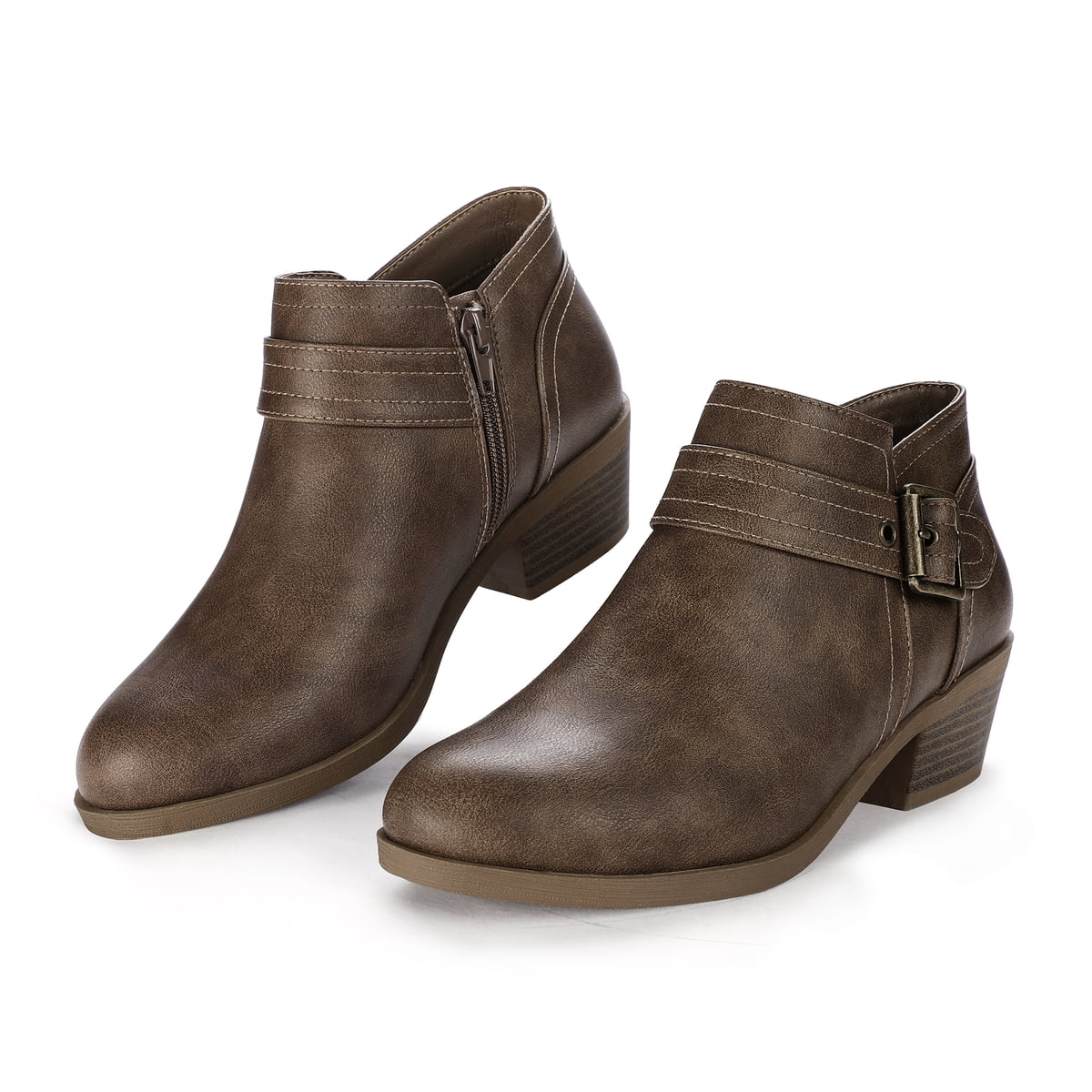 Pennysue Women Low Chunky Stacked Heel Taupe PU Ankle Booties Size 8.5M