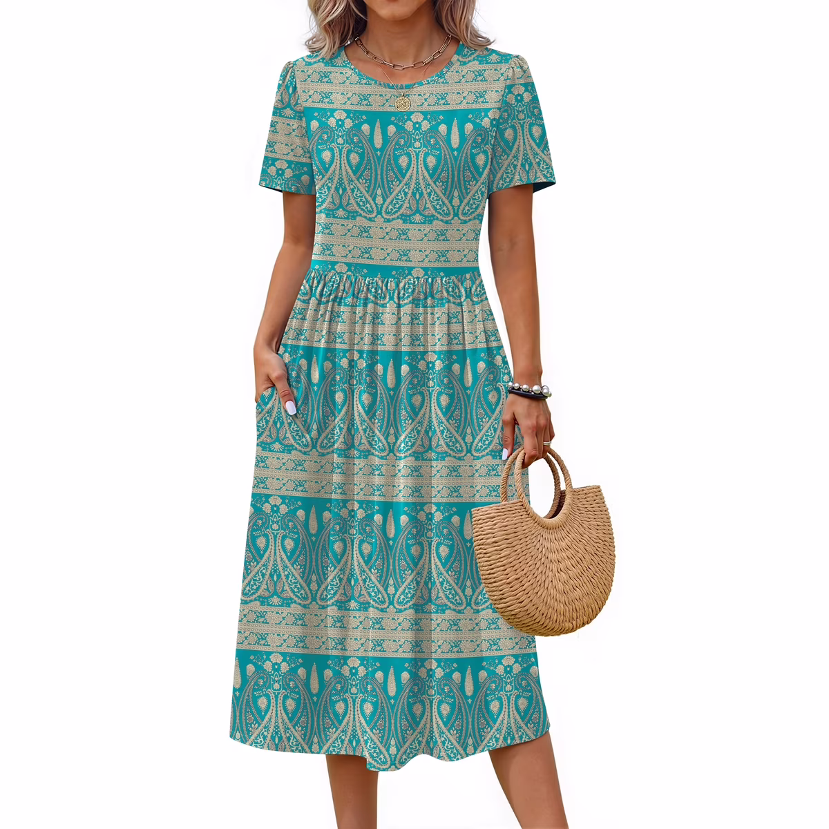 Women's Casual Floral Short Sleeve Midi Sundress with Pockets