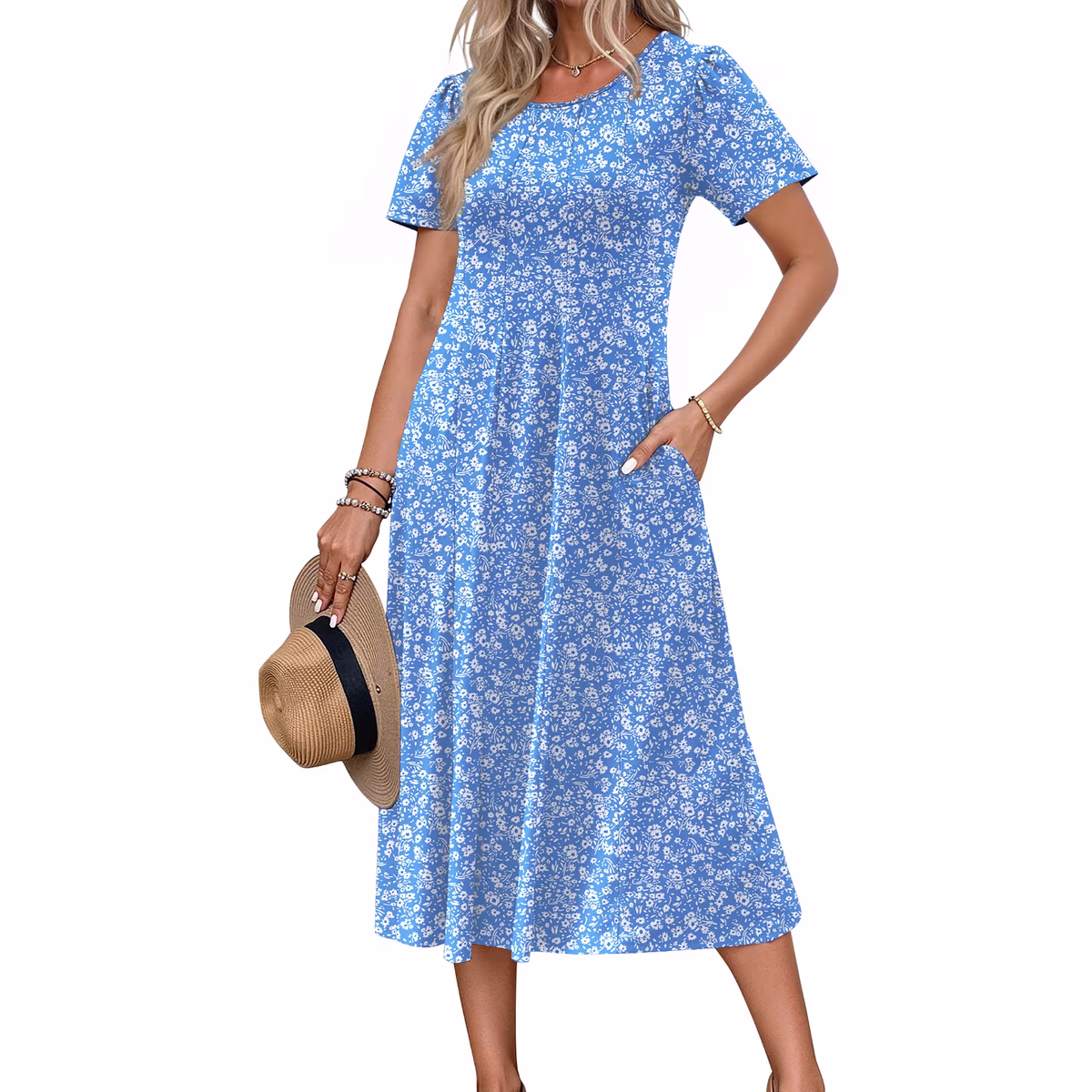 Women's Casual Short Sleeve Pleated Midi Sundress with Pockets
