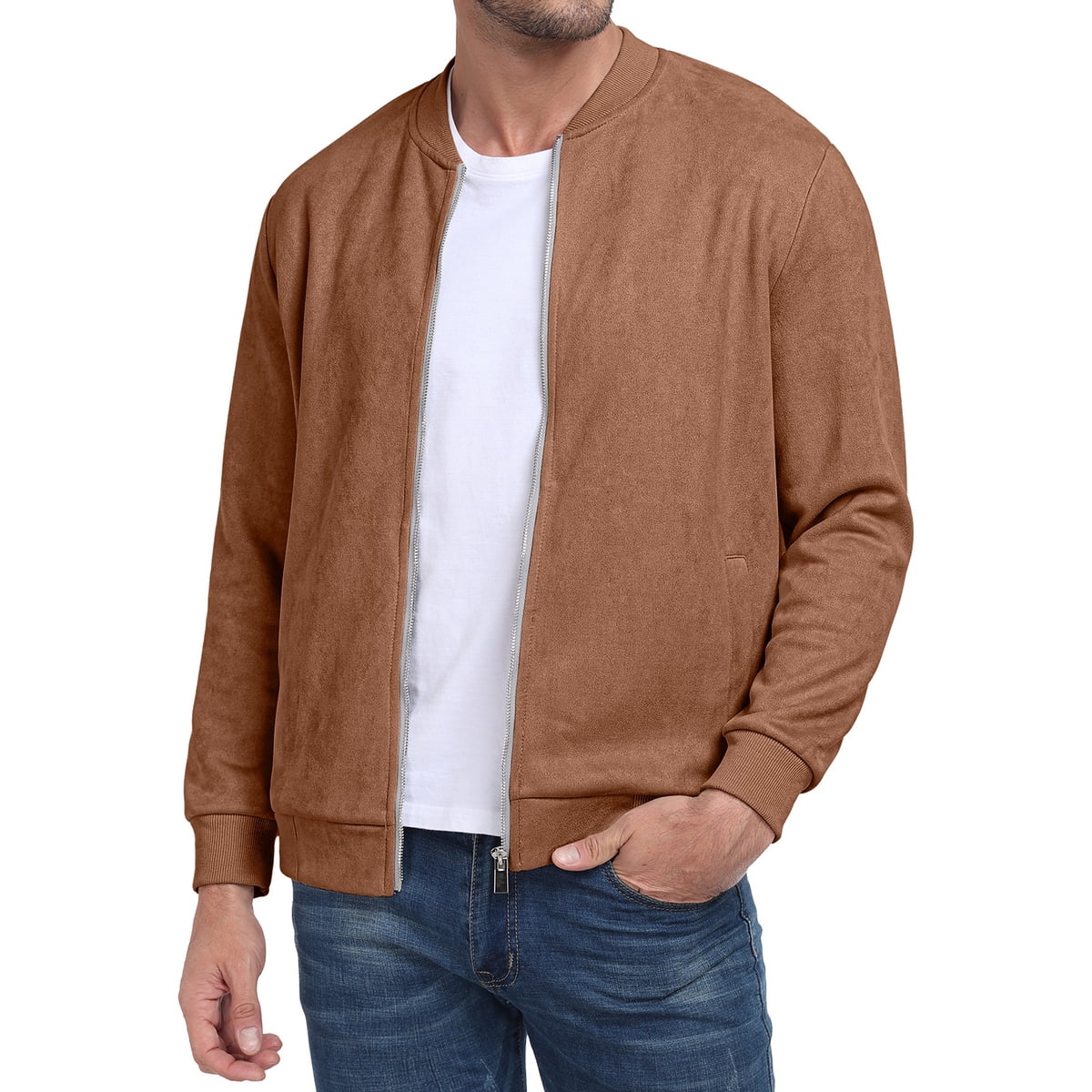 Men's Casual Vintage Suede Bomber Varsity Jacket - Brown