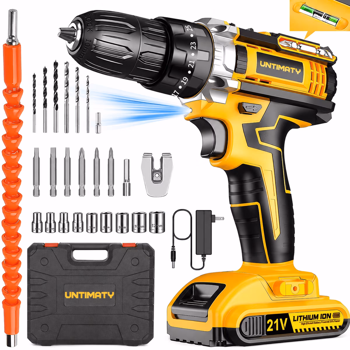 UNTIMATY 21V Cordless Power Drill Set with Battery, Charger, and 33-Piece Bit Kit