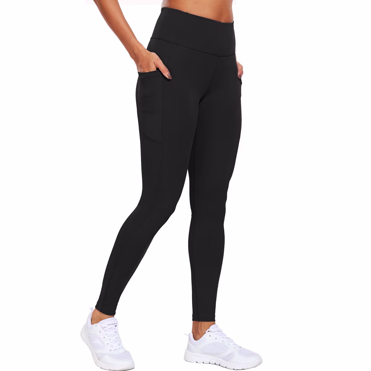 Women's High Waist Ankle Yoga Leggings with Two Pockets - Black, Size Large