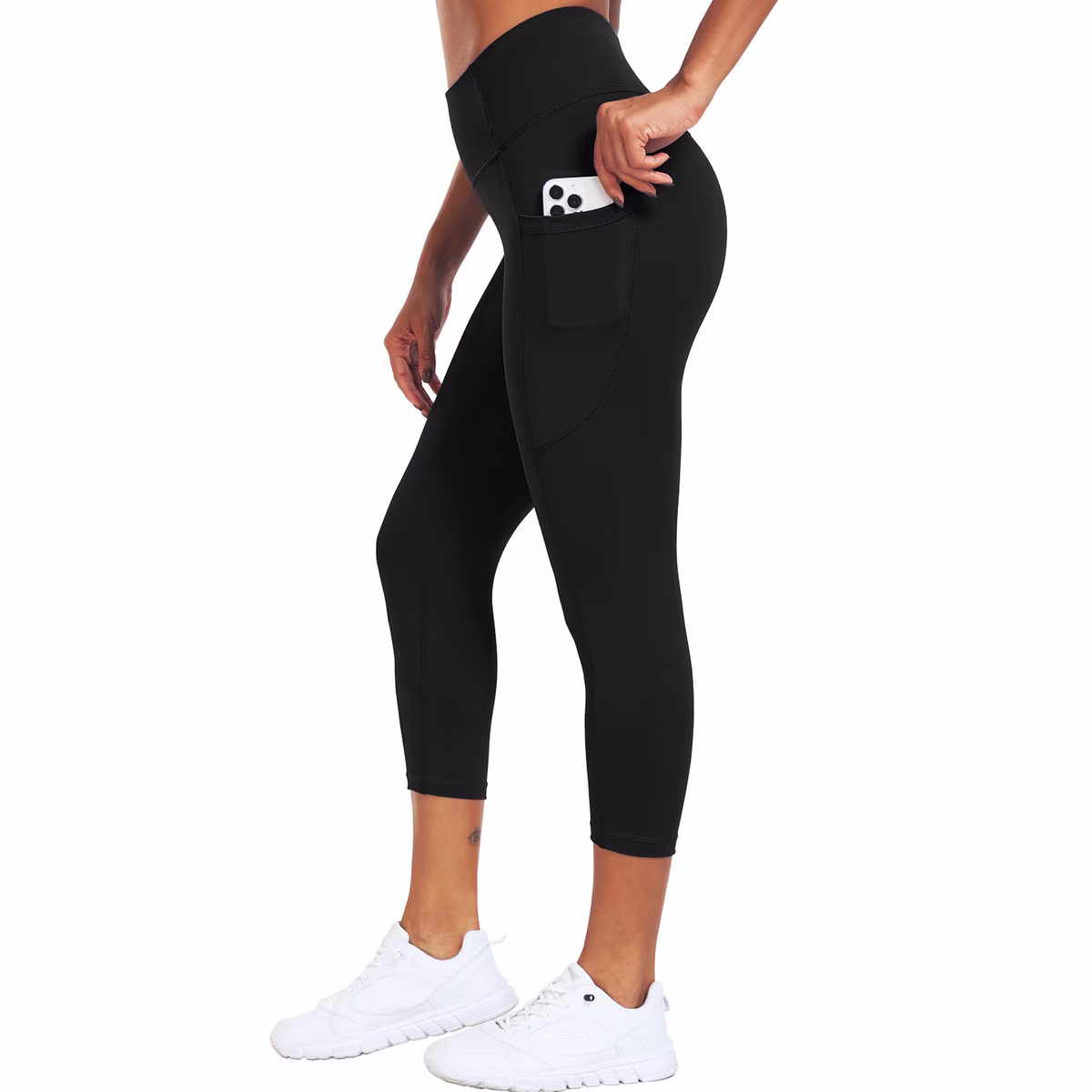 Women's High Waist Capri Yoga Leggings with Two Pockets - Black (Size L)
