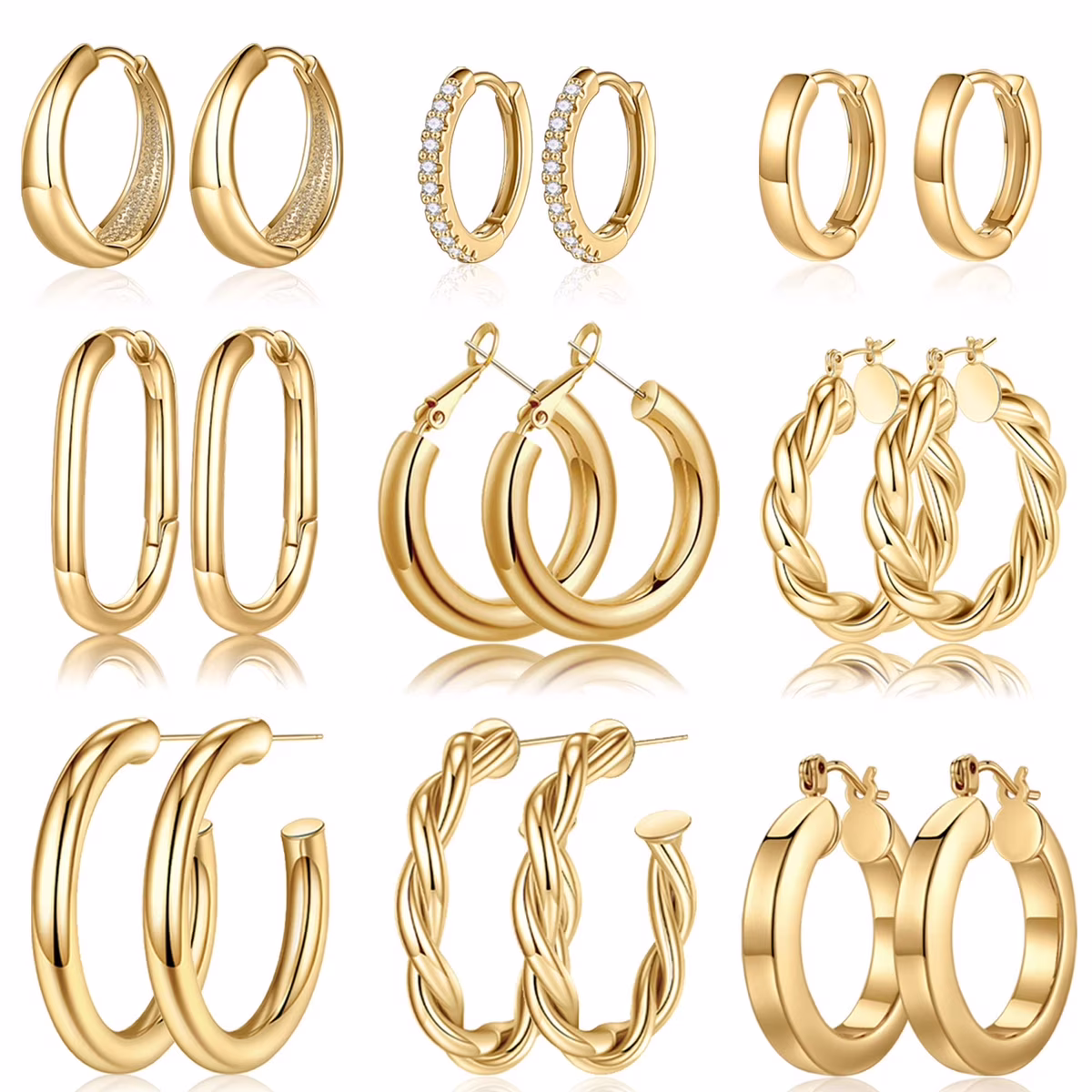 9 Pairs 14K Gold Plated Twisted Chunky Huggie Hoop Earrings Set