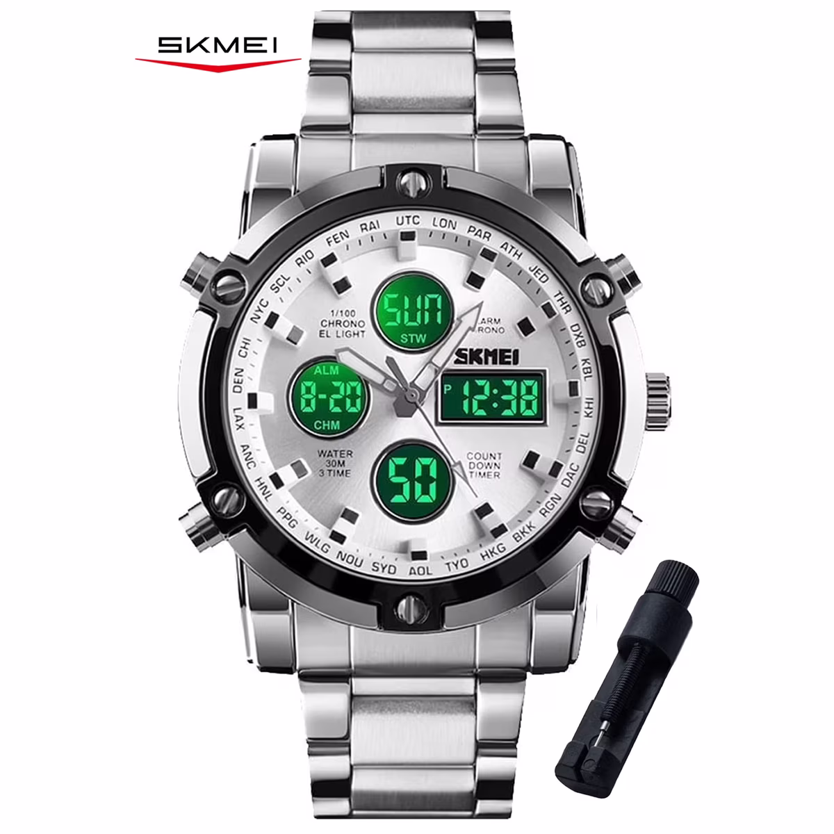 Men's Waterproof Military Analog Digital Stainless Steel Watch