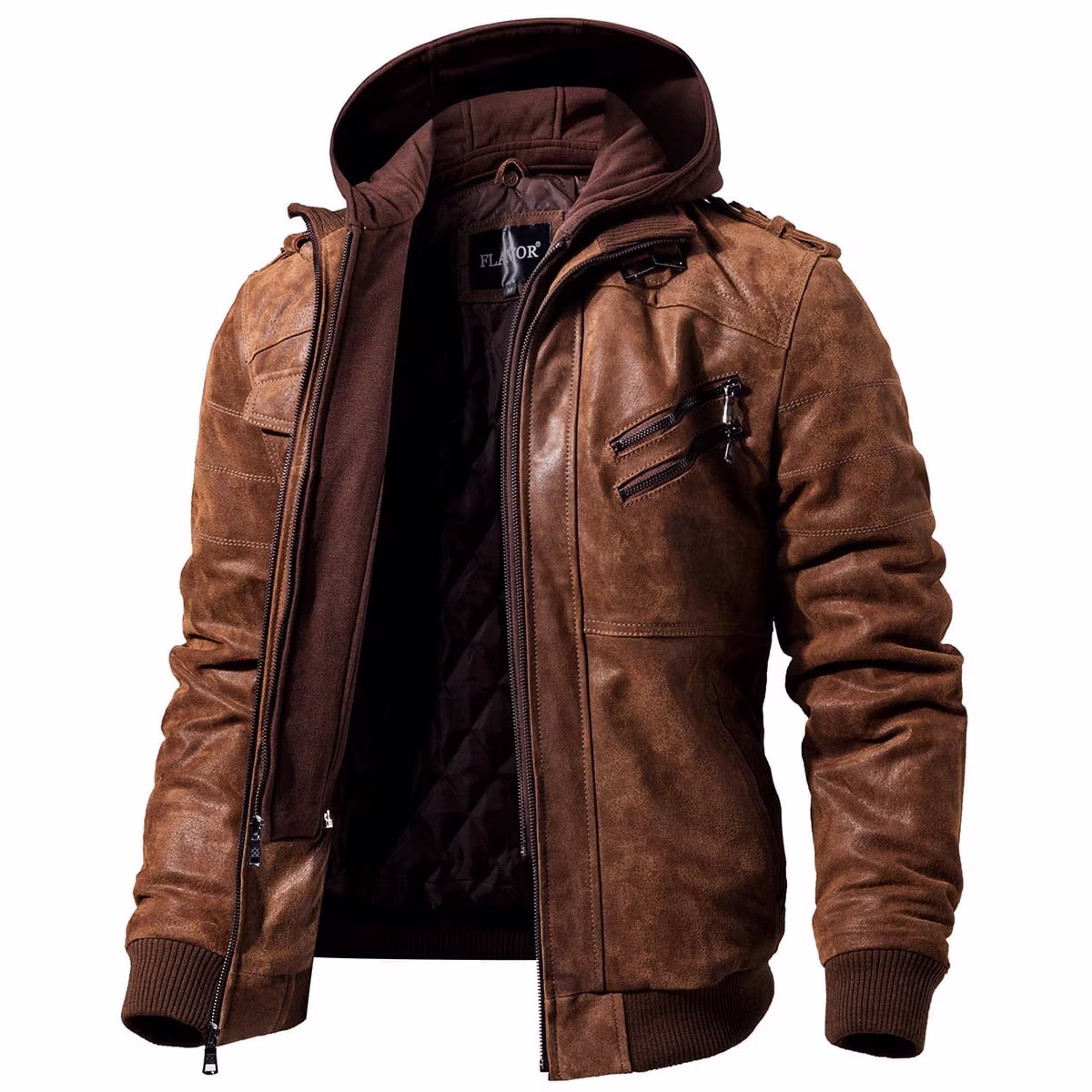 Mens Brown Real Leather Jacket with Removable Hood