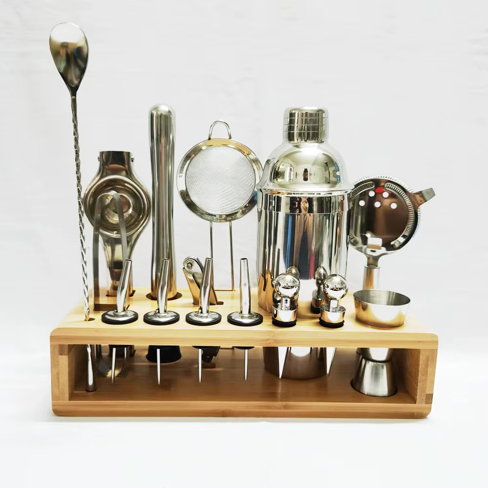 12-Piece Gold-Plated Stainless Steel Barware Tool Set with Wooden Stand