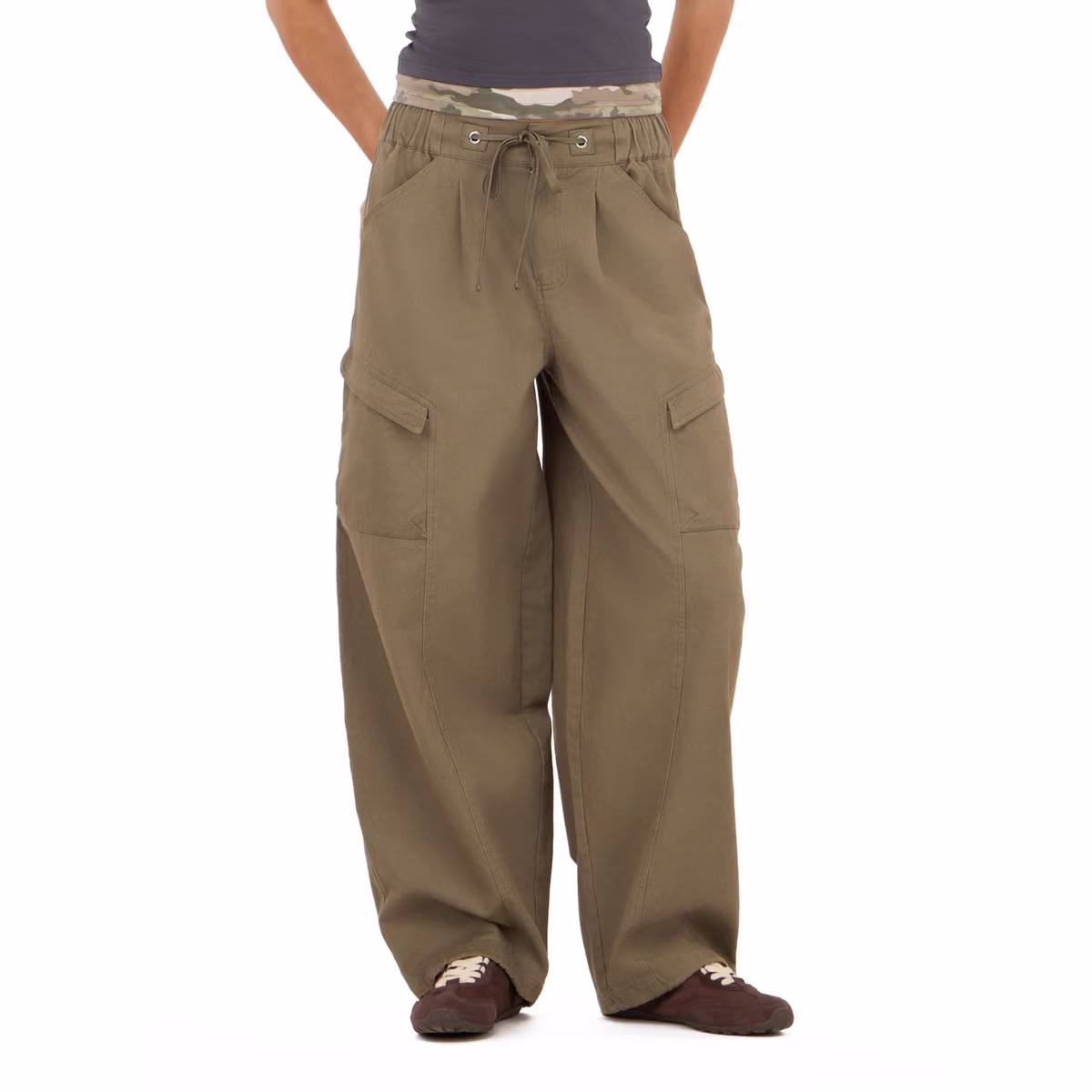 Women's Khaki Green Baggy Barrel-Leg Cargo Pants - Size L