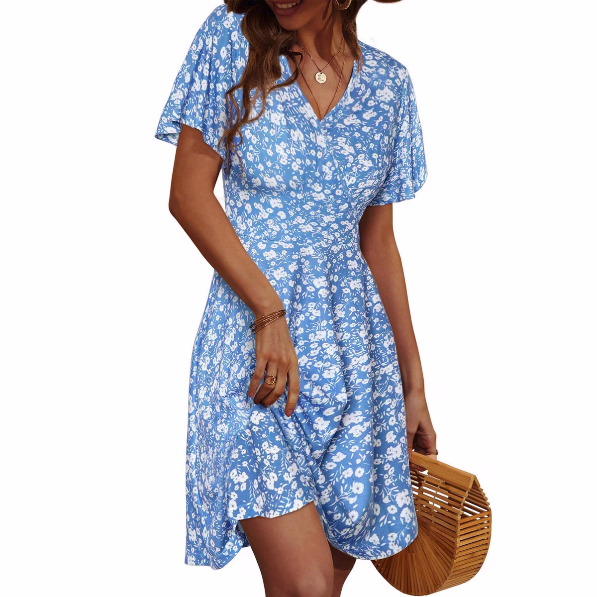 Women's Short Sleeve V-Neck Boho Floral Print A-Line Midi Sundress