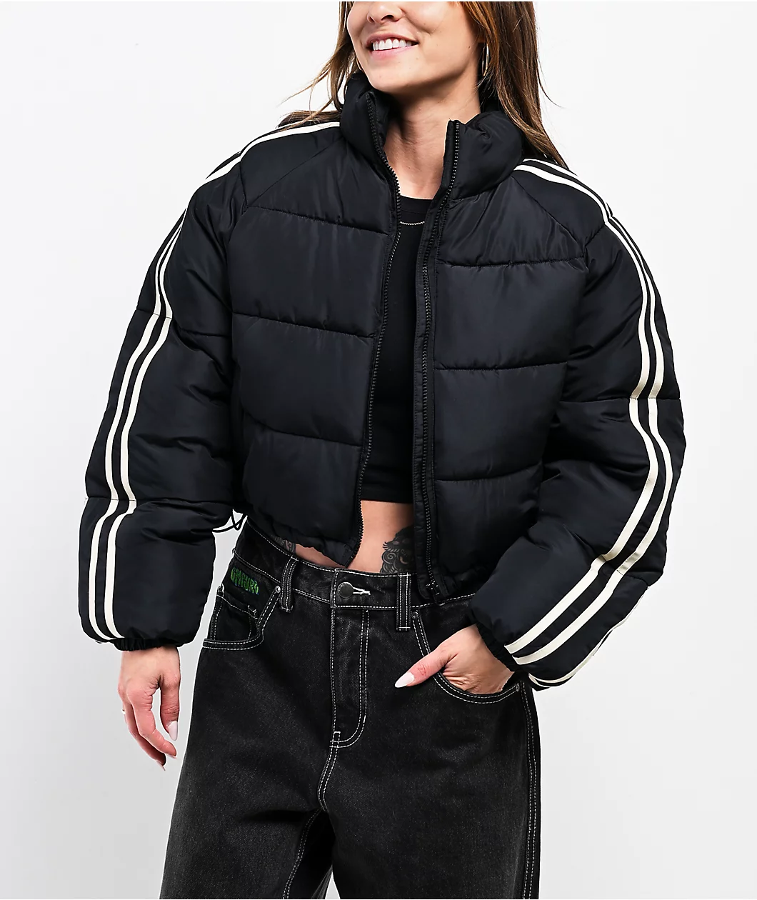 Stitch Fusion Stripe Black Crop Puffer Jacket