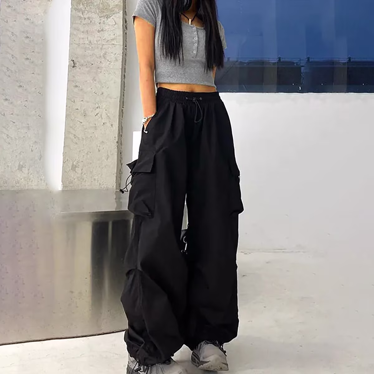 Juniors Streetwear Baggy Cargo Pants Wide Leg Palazzo Trousers