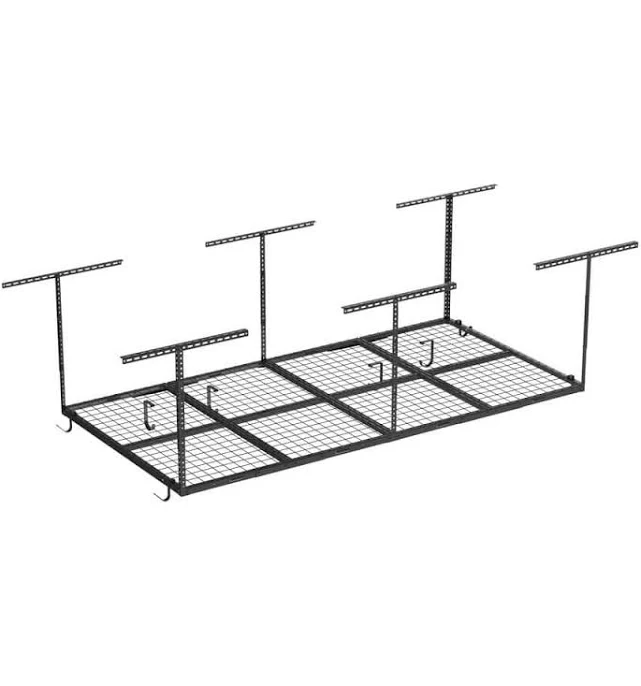 FLEXIMOUNTS Overhead Garage Storage Ceiling Rack with 8 Accessory Hooks, Black