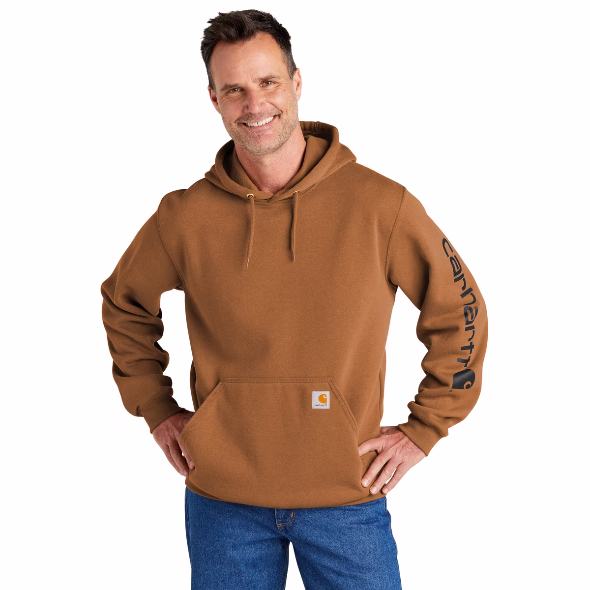 Men's Loose Fit Midweight Logo Sleeve Graphic Hooded Sweatshirt - Brown, XL