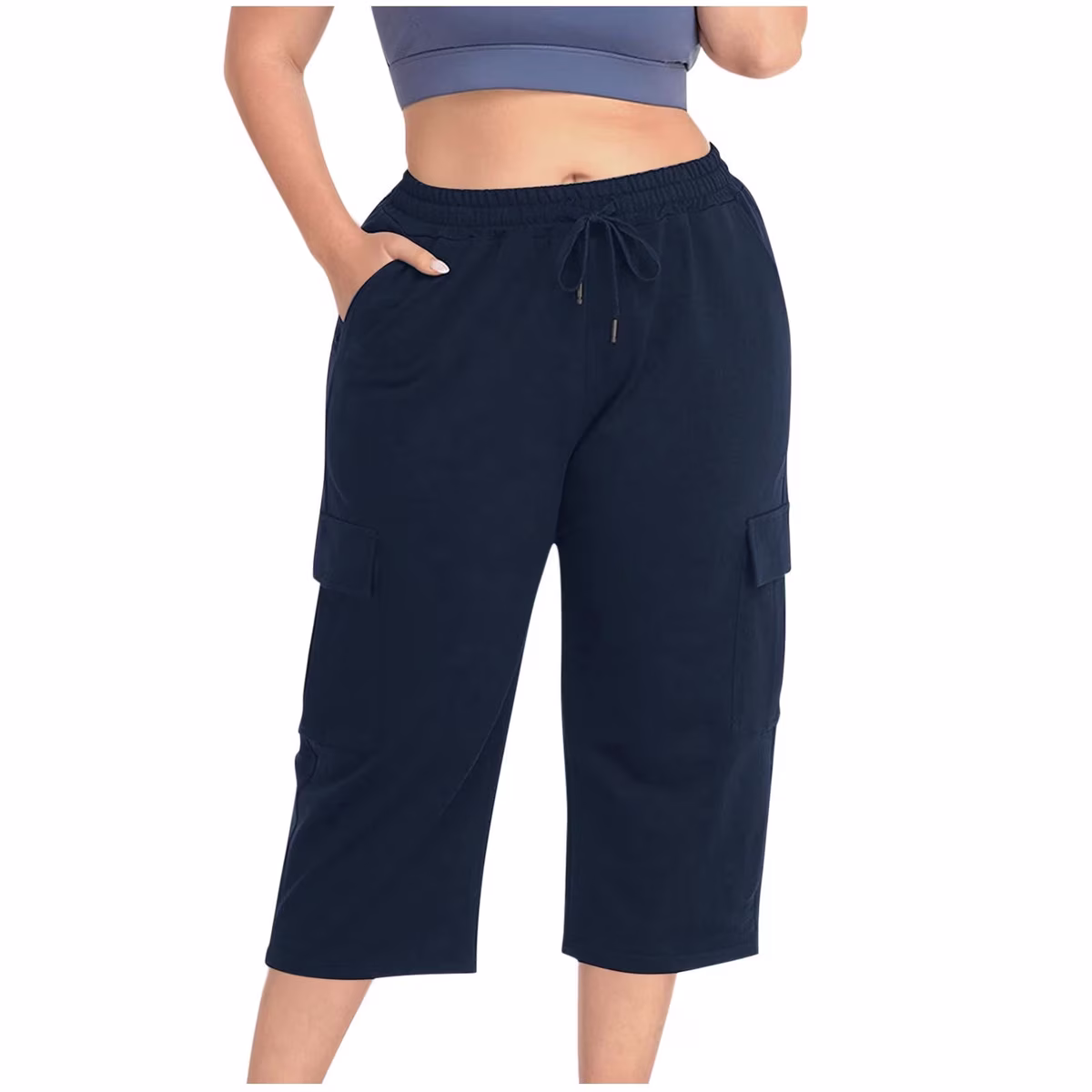 Women's Plus Size Soft Baggy Drawstring Cargo Capri Pants with Pockets