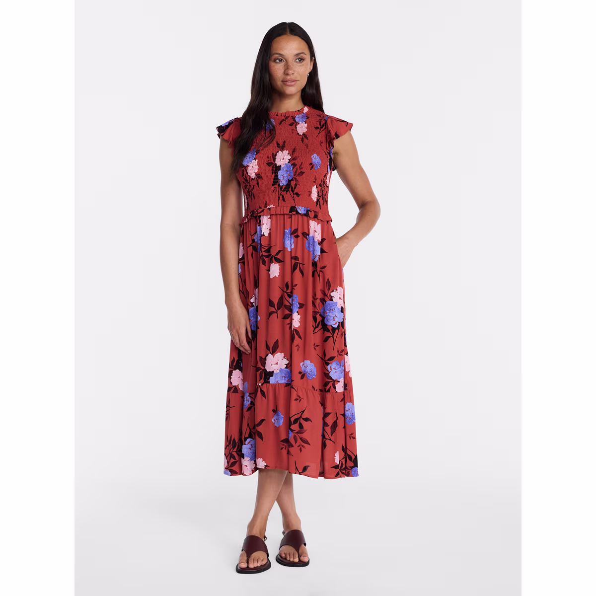 Women's and Women's Plus Smocked Bodice Midi Woven Dress, Sizes XS-4X