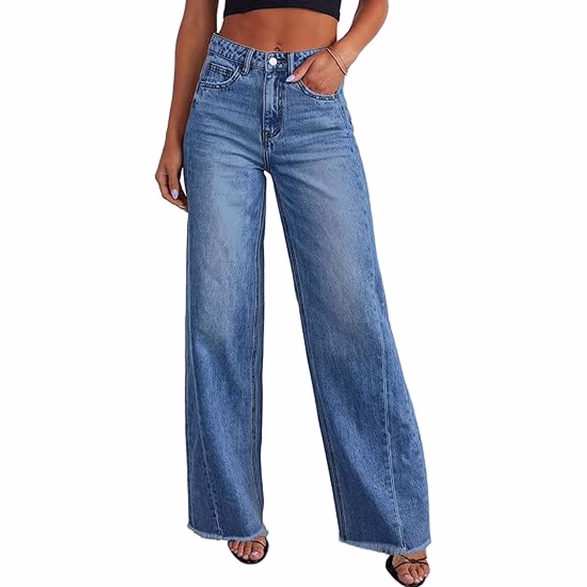 High Waisted Wide Leg Raw Hem Denim Jeans with Pockets