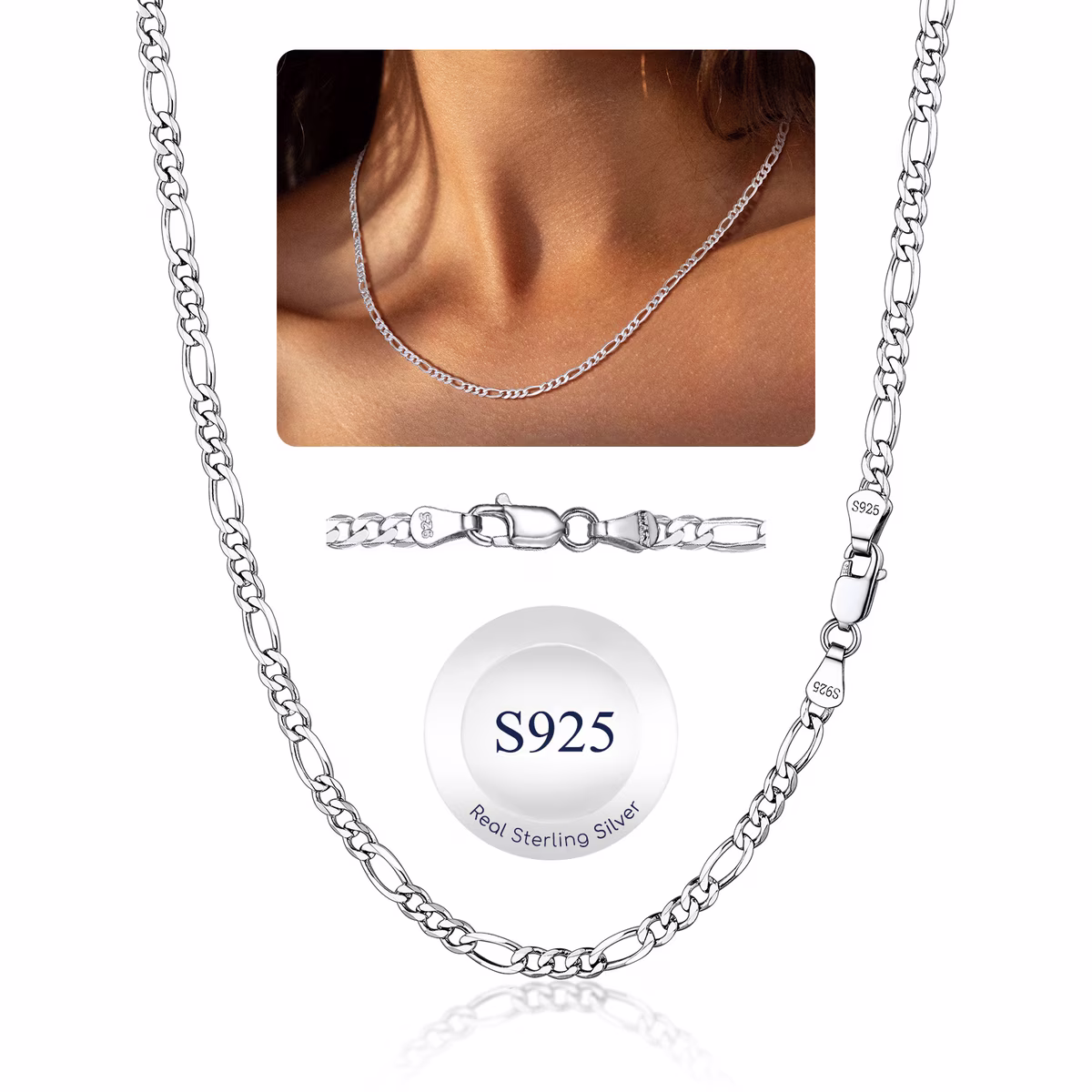Solid 925 Sterling Silver 3mm/5mm Figaro Chain Necklace
