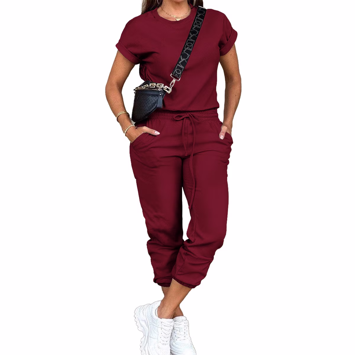 Women's 2-Piece Short Sleeve Sweatsuit Set with Jogger Pockets - Burgundy XL