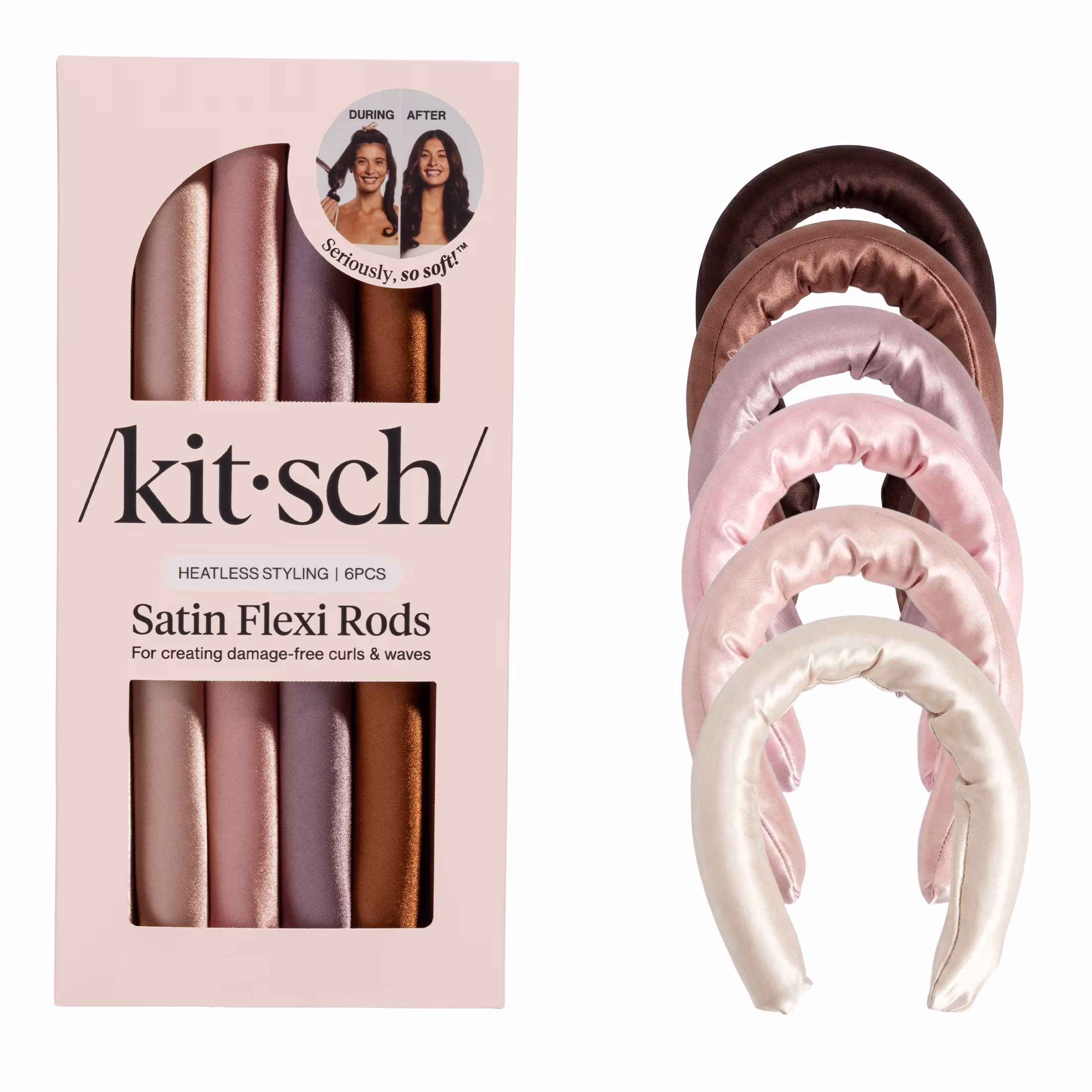 Kitsch Flexi Rods Satin Covered Heatless Hair Curlers Rosewood 6 Pieces