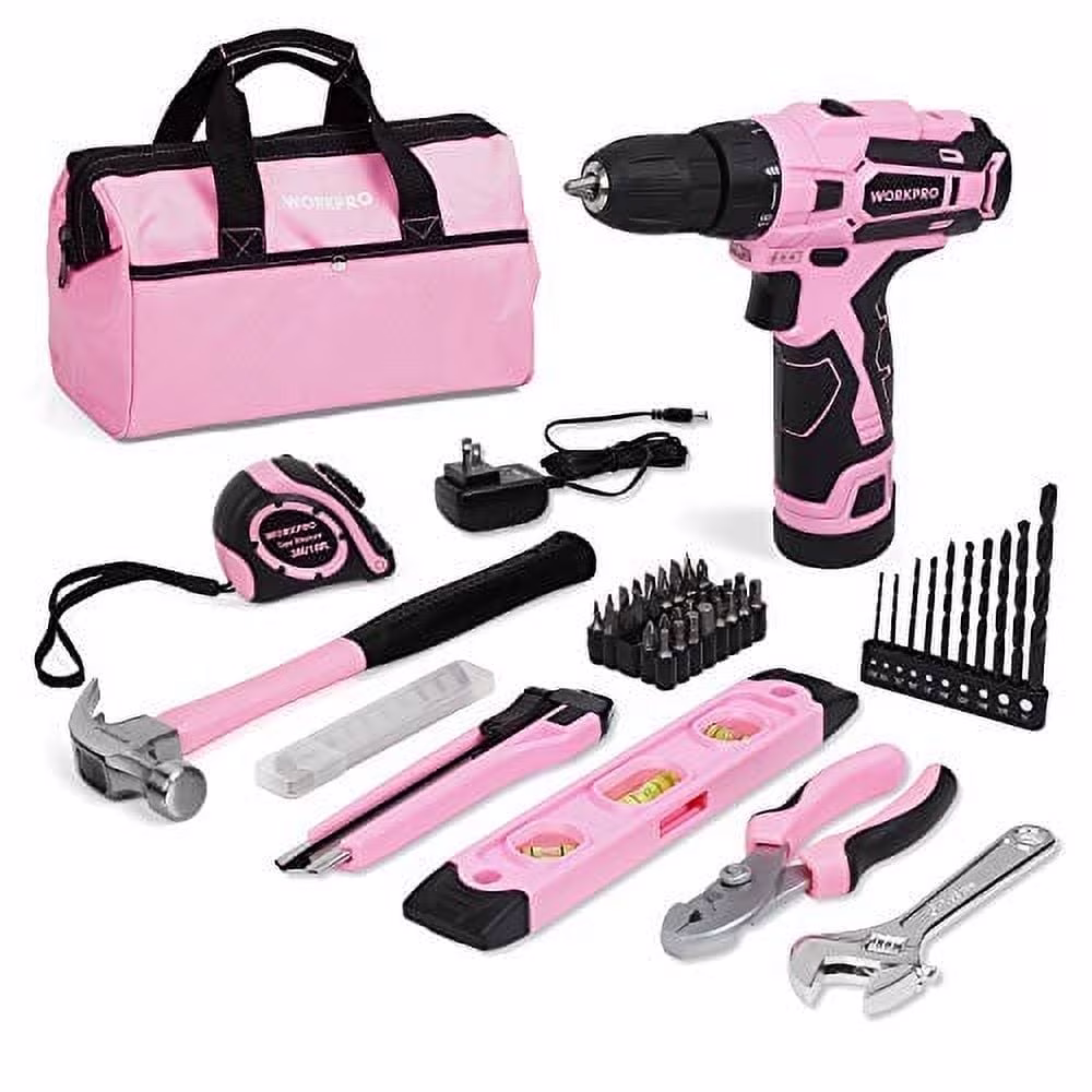 WORKPRO 12V Cordless Drill Driver & 61-Piece Home Tool Kit with Storage Bag (Pink)