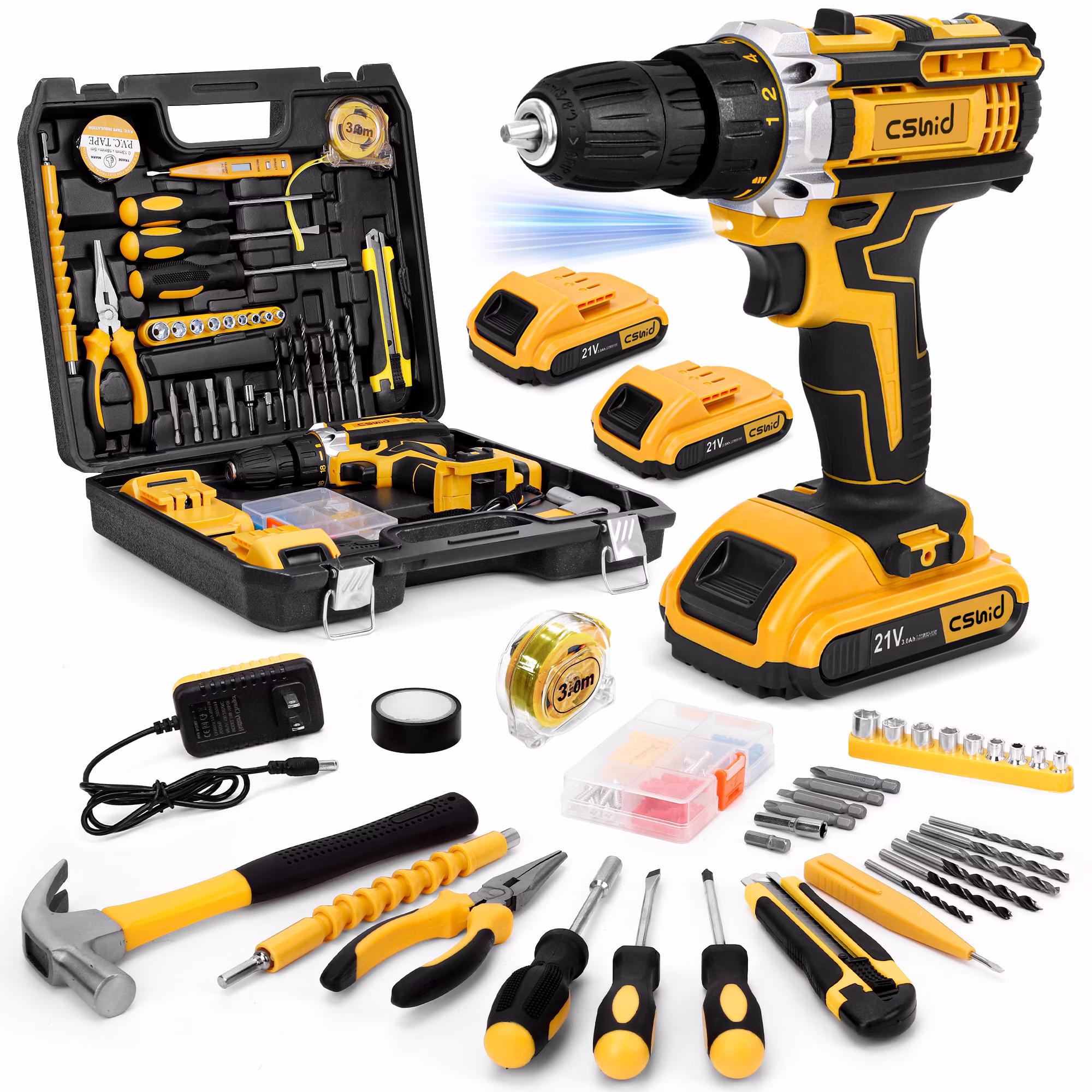 95-Piece 21V Cordless Drill and Household Tool Set with 2 Batteries