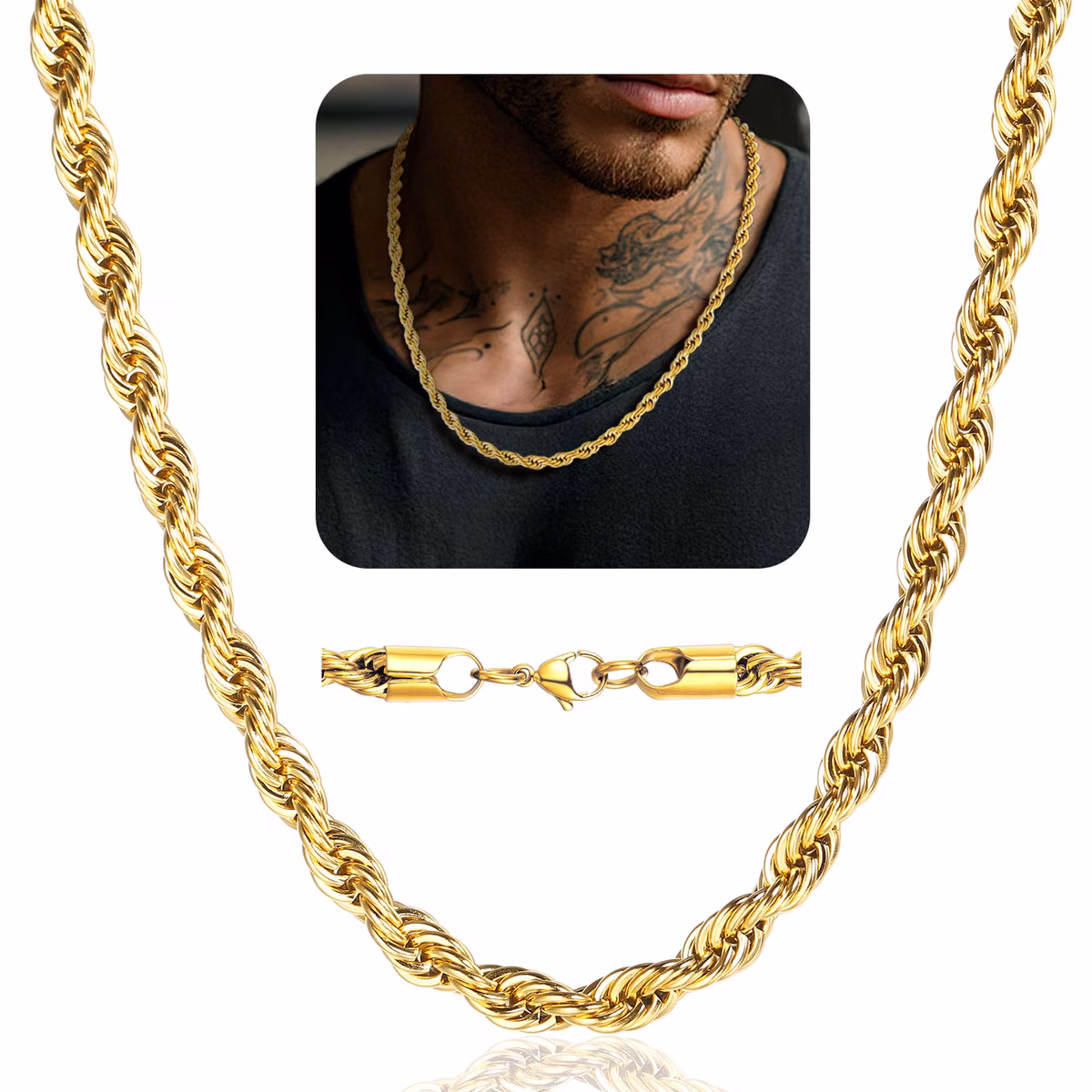 18K Gold Plated 6mm Stainless Steel Rope Chain Necklace (20 Inch)