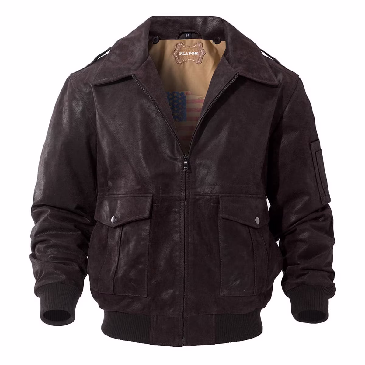 Men's Leather Flight Bomber Jacket Air Force Aviator - Dark Brown (Large)