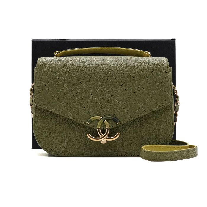 Green Caviar Half Half Flap Top Handle Tote Bag With Chain Shoulder Strap