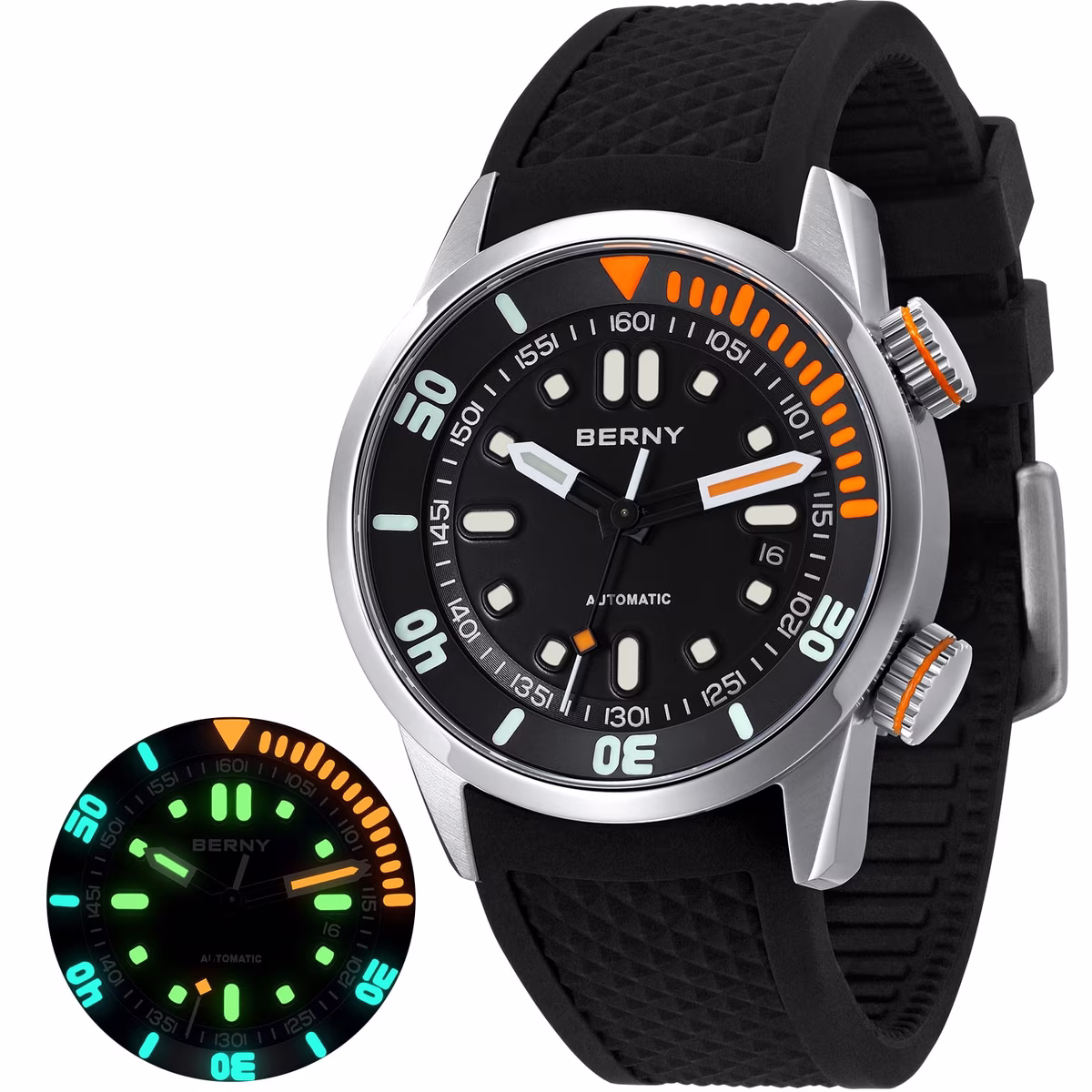 Men's 20ATM Automatic Dive Watch with Sapphire Crystal & Black Silicone Strap