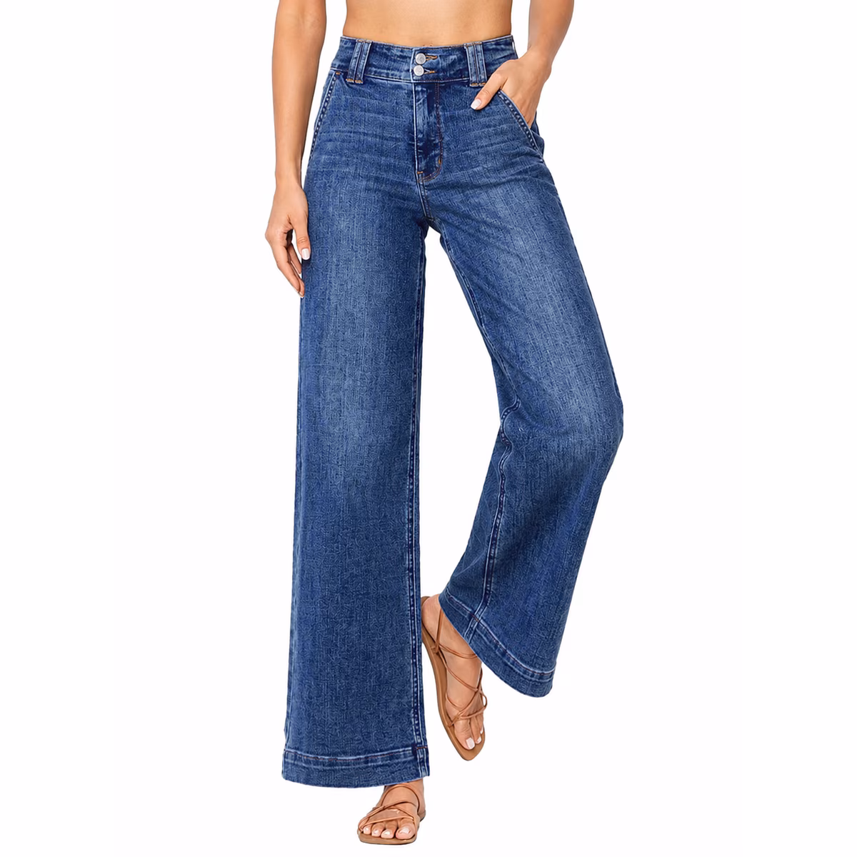 Women's High Waisted Wide Leg Stretchy Denim Jeans with Slanted Pockets