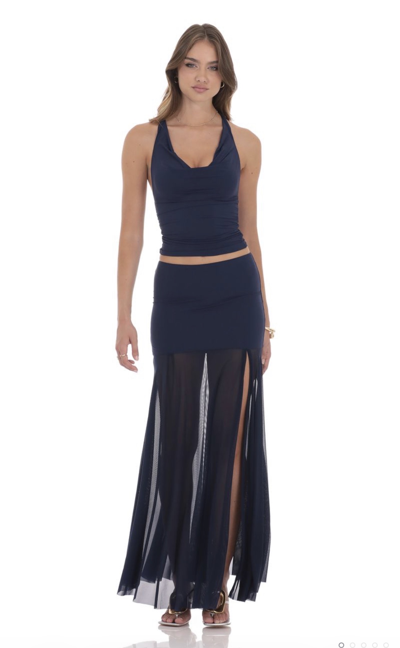 Mesh Fishtail Maxi Skirt in Navy