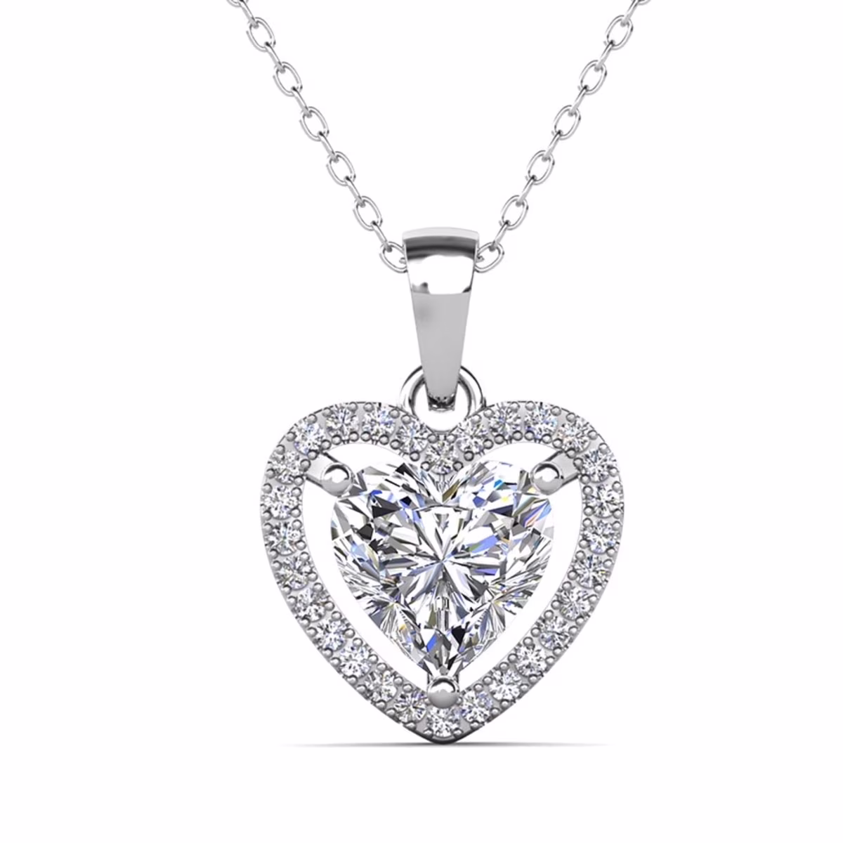 Amora 18k White Gold Plated Heart Pendant Necklace with Simulated Diamonds